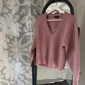 STATE Pink V-Neck Sweater with Gold Detail